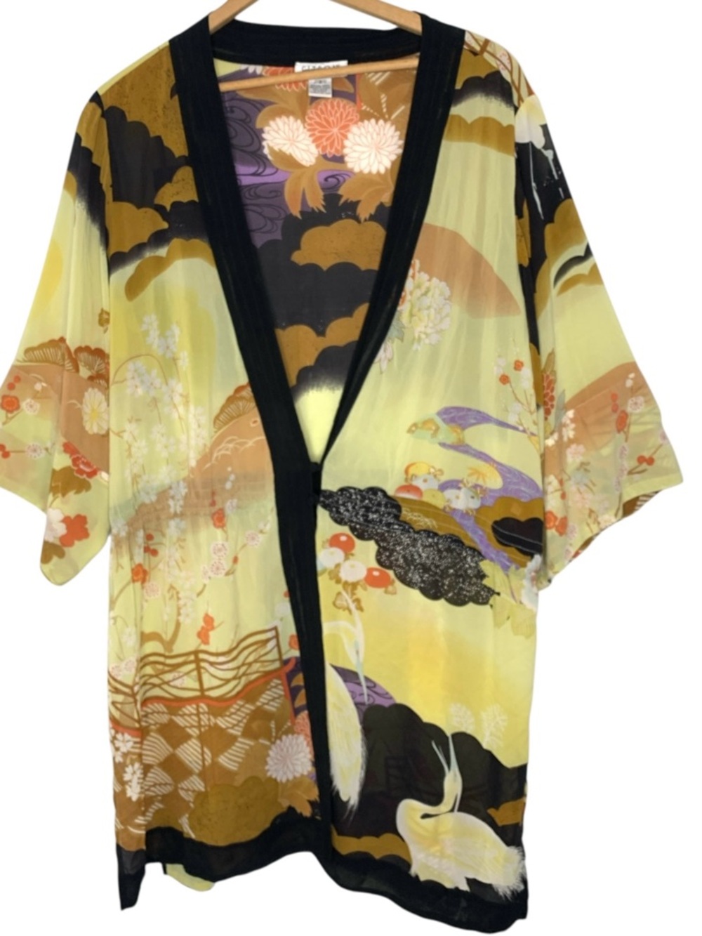 Citron of Santa Monica Yellow Floral Print Kimono Jacket with Black Trim - Picture 4 of 5